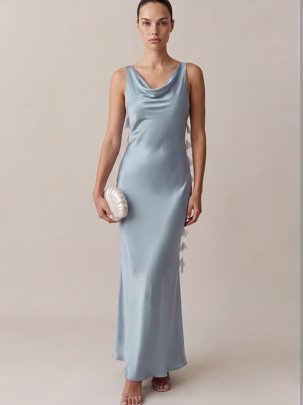 Satin Cowl Neck Maxi Dress in Light Blue